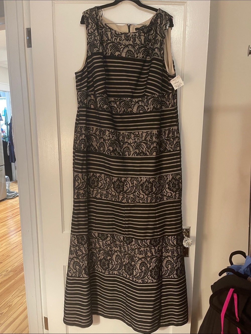 Signature by Sangria Black and Cream Striped Lace Maxi Dress
